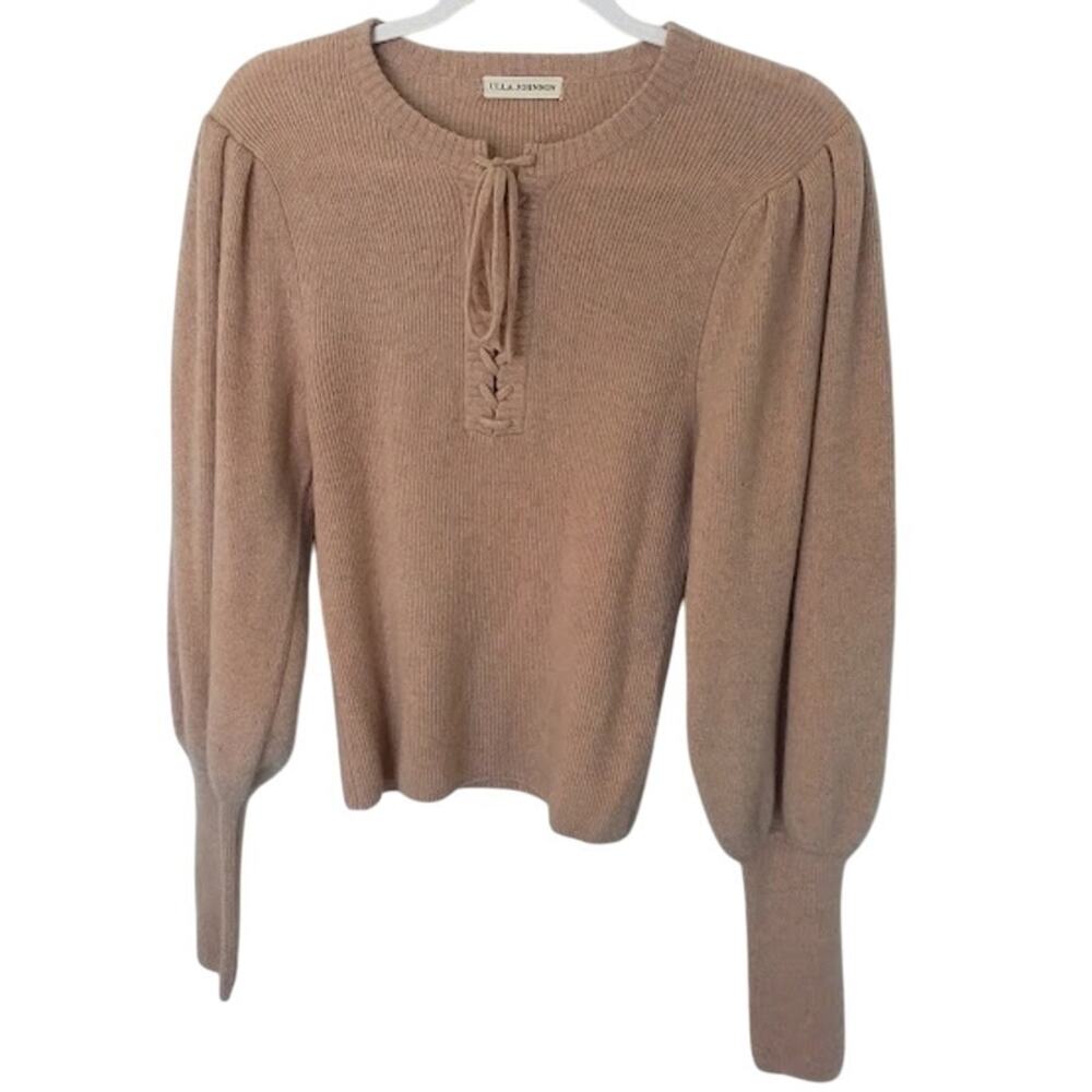 Ulla Johnson 100% Cashmere Tie Neck‎ Puff Sleeve Knit Sweater Beige Women Medium
